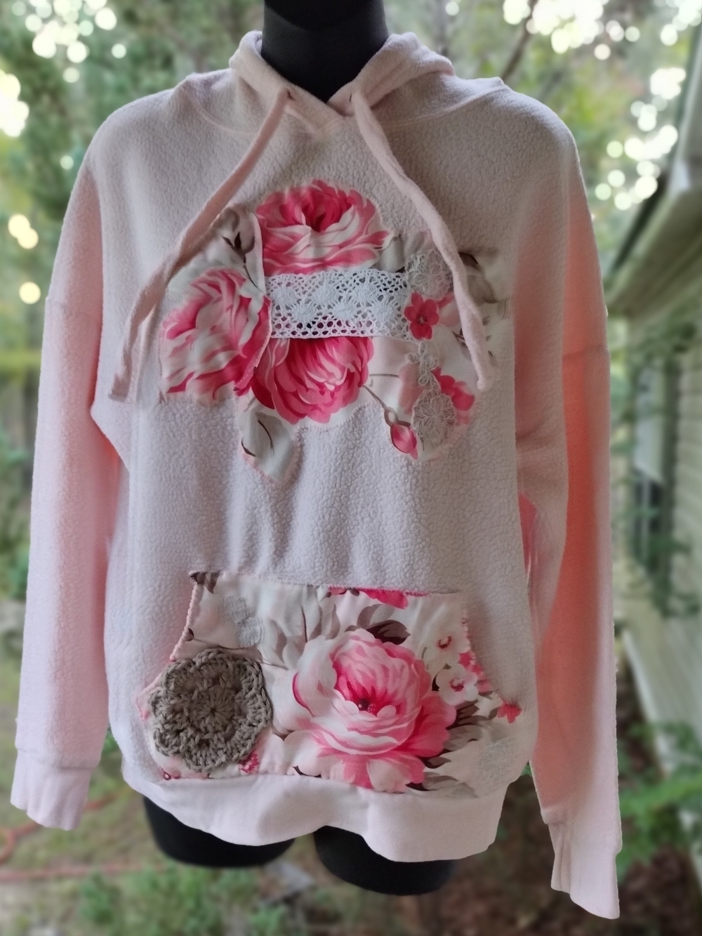Pink Floral Lace-Accent Pullover Hoodie - Wearable Art